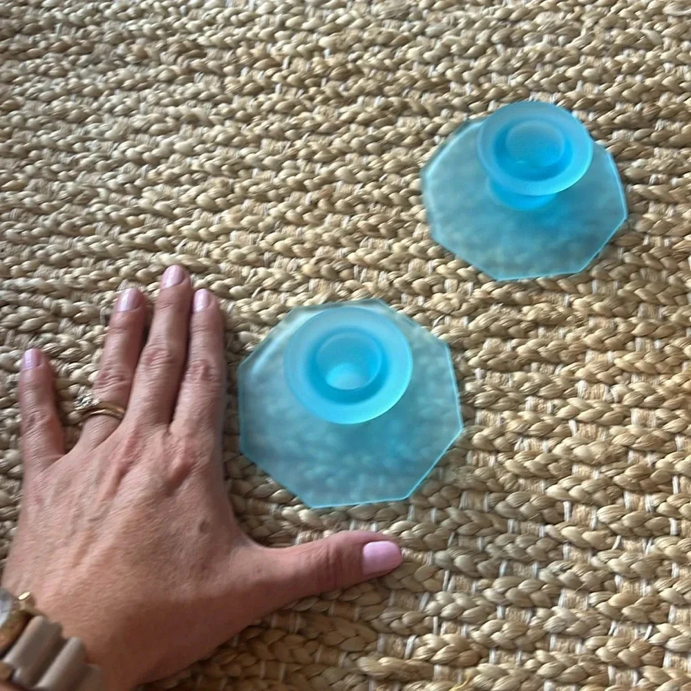 Set of 2 Octagonal Base Taper Candle Holders in Opaque Blue Glass. Beachy
